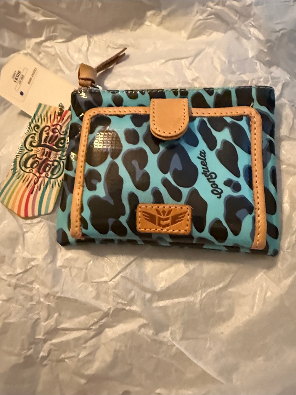 Consuela Turquoise and Tan Leopard Card Wallet with Multicolor Tag